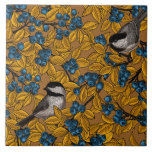 Chickadee birds on blueberry branches ceramic tile<br><div class="desc">HAnd drawn vector illustration with chickadee birds and blueberry branches with fruit</div>