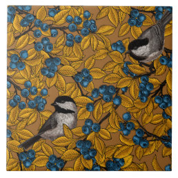 Chickadee birds on blueberry branches ceramic tile