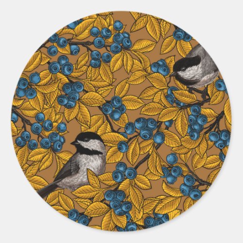Chickadee birds on blueberry branches classic round sticker