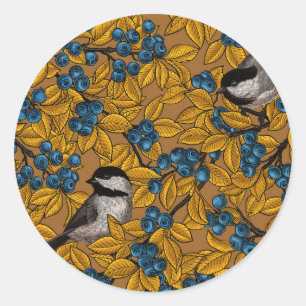 Chickadee birds on blueberry branches classic round sticker
