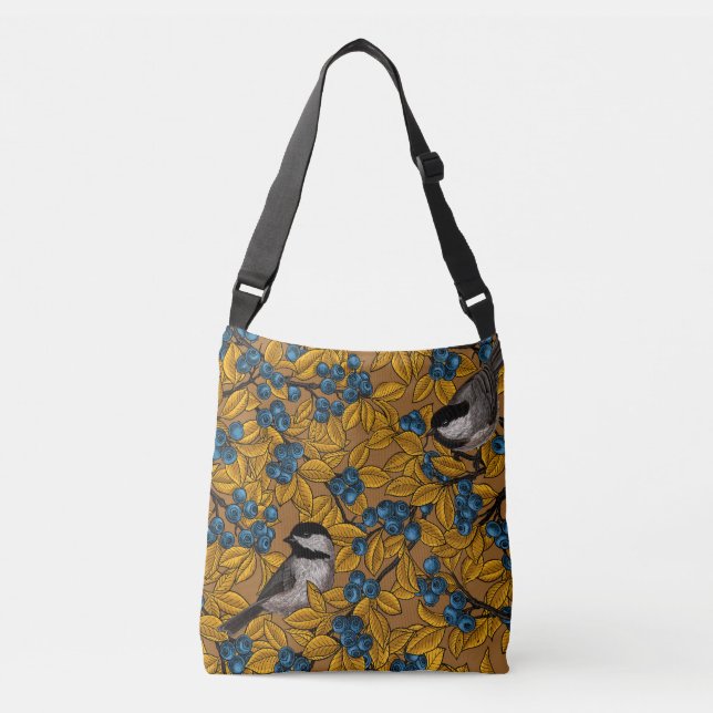 Chickadee birds on blueberry branches crossbody bag (Front)