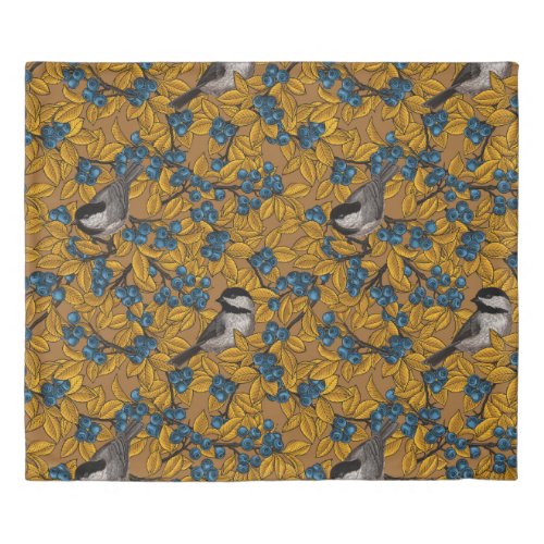 Chickadee birds on blueberry branches duvet cover