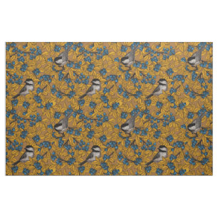 Chickadee birds on blueberry branches fabric
