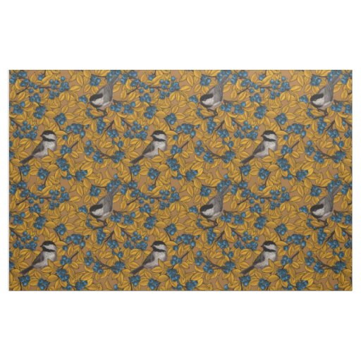 Chickadee birds on blueberry branches fabric