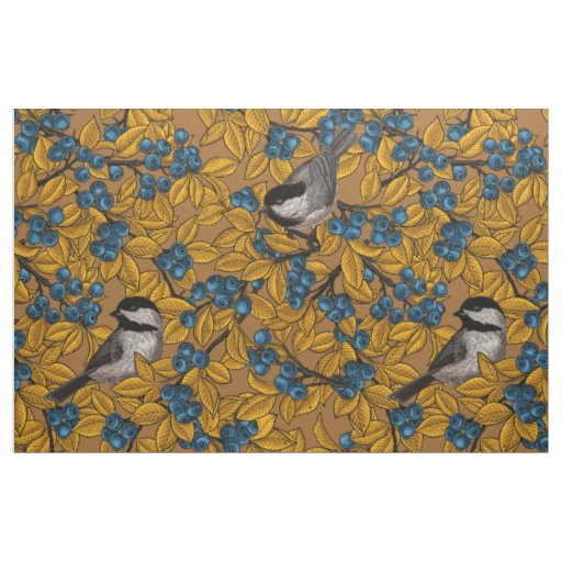 Chickadee birds on blueberry branches fabric