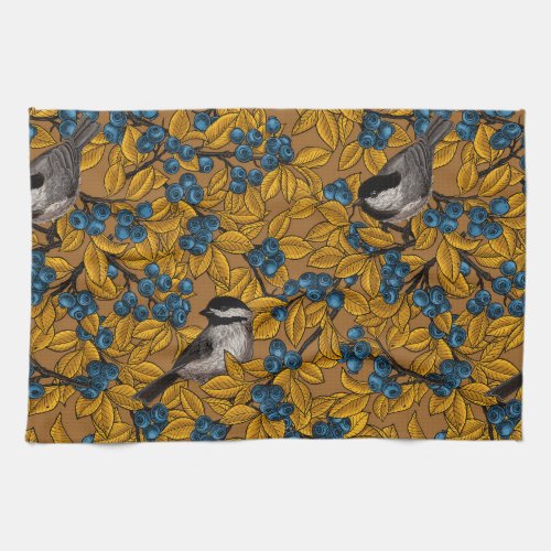 Chickadee birds on blueberry branches kitchen towel
