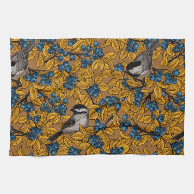 Chickadee birds on blueberry branches kitchen towel (Horizontal)