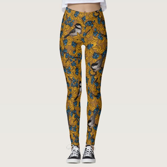 Chickadee birds on blueberry branches leggings (Front)