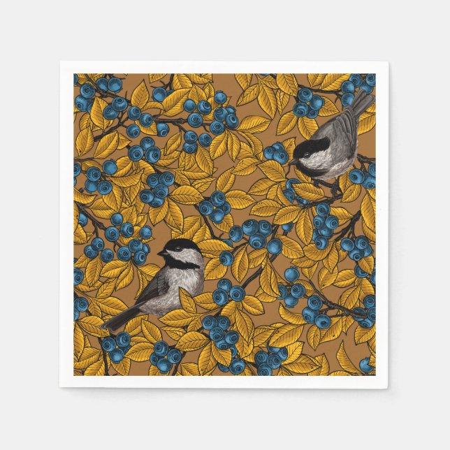 Chickadee birds on blueberry branches napkins (Front)