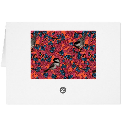 Chickadee birds on blueberry branches on orange (Back Horizontal)