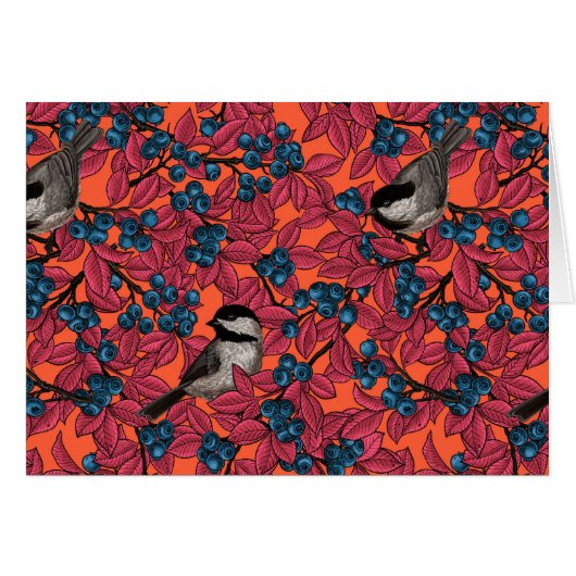 Chickadee birds on blueberry branches on orange (Front Horizontal)