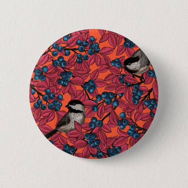 Chickadee birds on blueberry branches on orange button (Front)