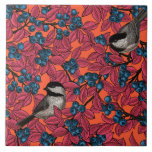 Chickadee birds on blueberry branches on orange ceramic tile<br><div class="desc">HAnd drawn vector illustration with chickadee birds and blueberry branches with fruit</div>