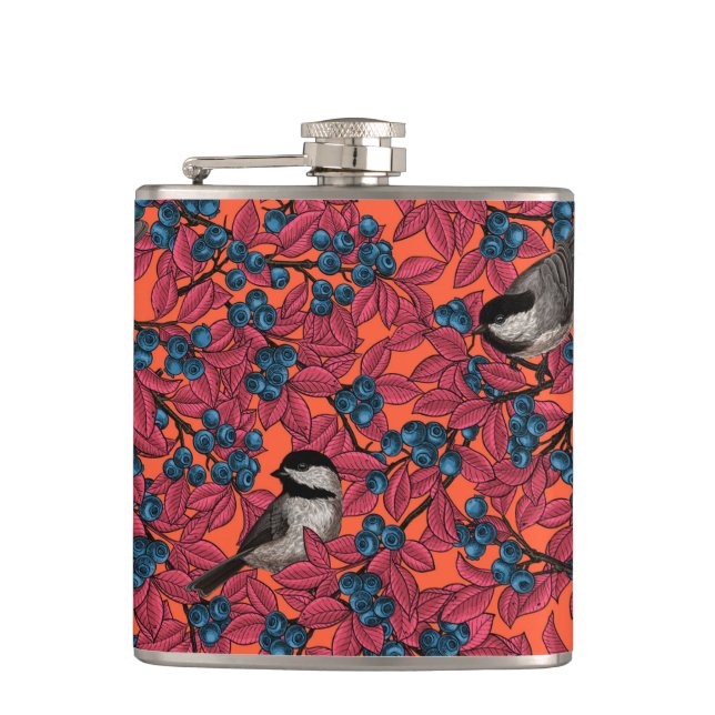 Chickadee birds on blueberry branches on orange flask (Front)
