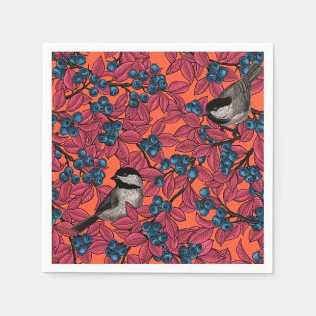 Chickadee birds on blueberry branches on orange napkins (Front)