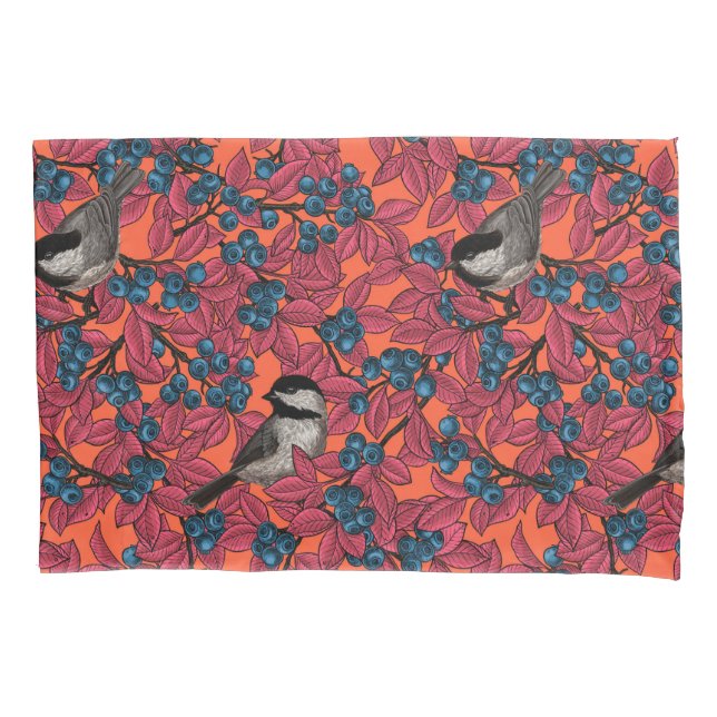 Chickadee birds on blueberry branches on orange pillow case (Front)