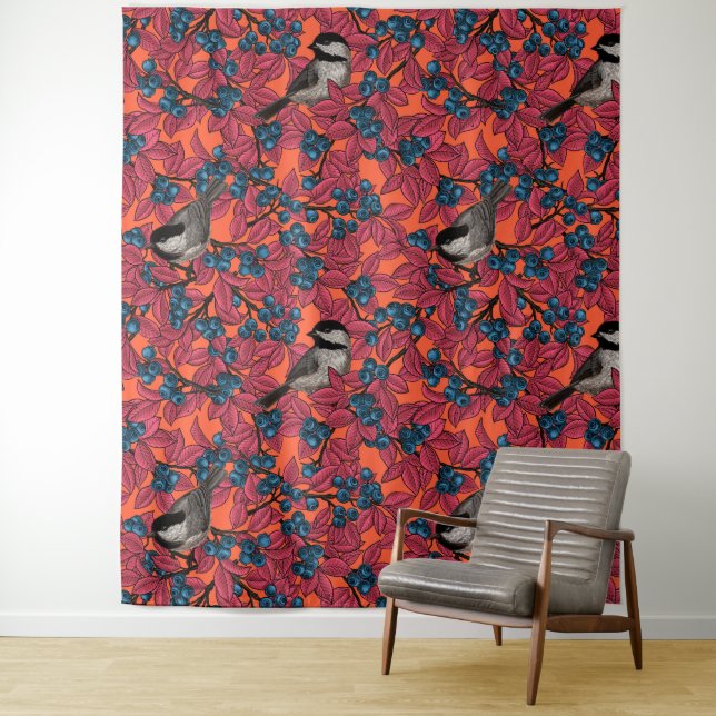 Chickadee birds on blueberry branches on orange tapestry (In Situ)
