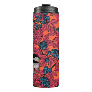 Chickadee birds on blueberry branches on orange thermal tumbler