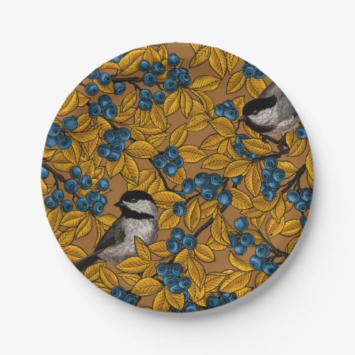 Chickadee birds on blueberry branches paper plates