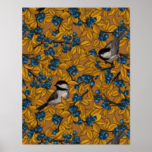 Chickadee birds on blueberry branches poster