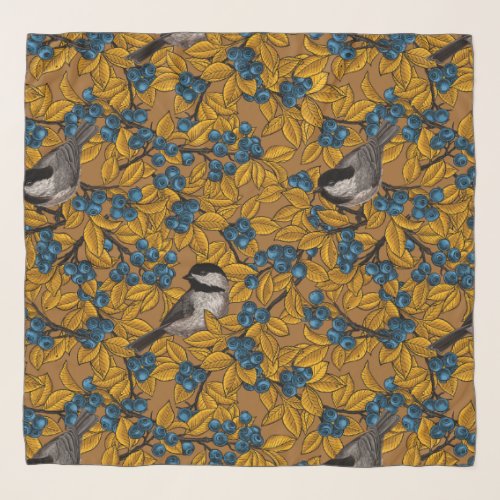 Chickadee birds on blueberry branches scarf