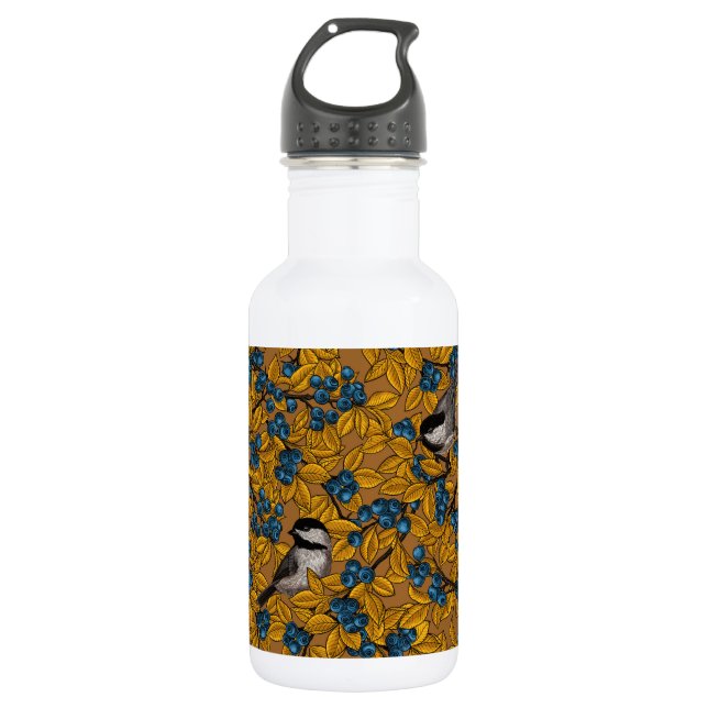 Chickadee birds on blueberry branches stainless steel water bottle (Front)