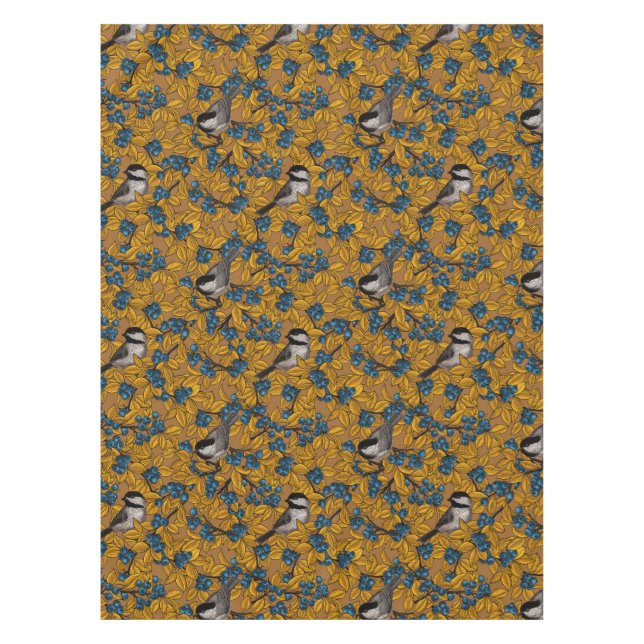 Chickadee birds on blueberry branches tablecloth (Front)