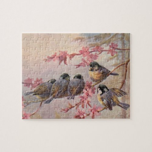 Chickadee Birds on Pink Blossoms Vintage Spring Jigsaw Puzzle