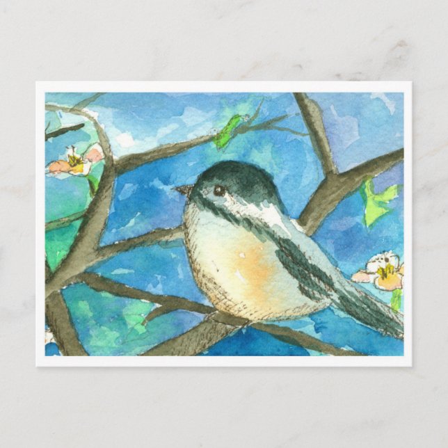 Chickadee Birds Pink Flowers Watercolor Painting Postcard (Front)