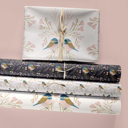 Chickadee Birds Pink Gold Hearts And Flowers Wrapping Paper Sheets