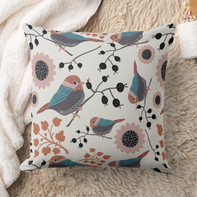 Chickadee Birds Pink Teal Pattern Throw Pillow (Blanket)