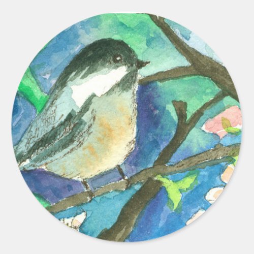 Chickadee Birds Tree Branches Watercolor Painting Classic Round Sticker
