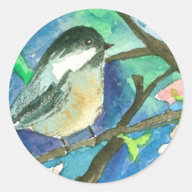 Chickadee Birds Tree Branches Watercolor Painting Classic Round Sticker (Front)