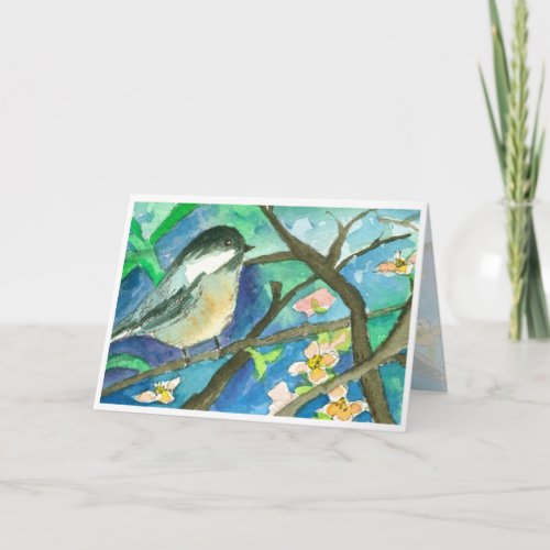 Chickadee Birds Watercolor Painting Happy Birthday Card