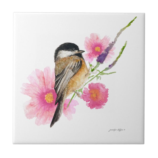 Chickadee Black Capped Flowers Watercolor Art Ceramic Tile (Front)
