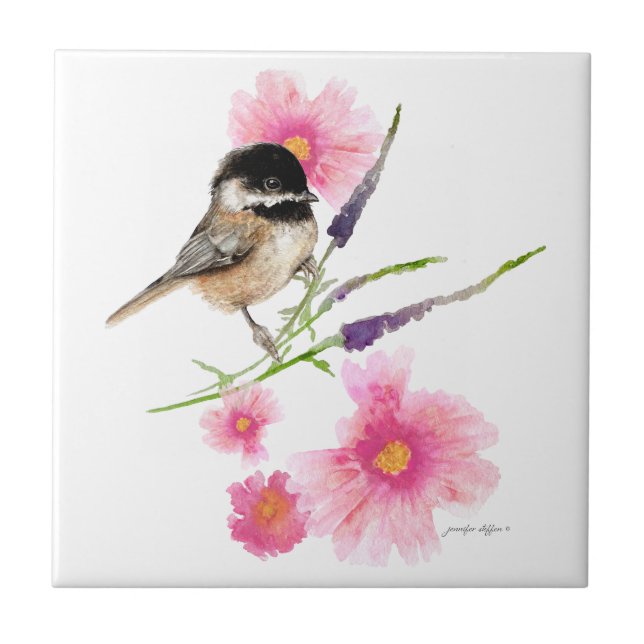 Chickadee Black Capped Sweet Cute Watercolor Art Ceramic Tile (Front)