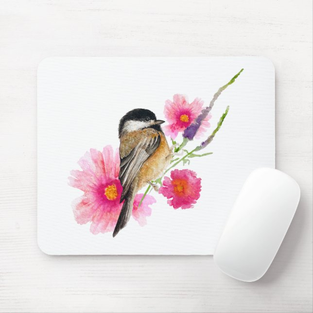 Chickadee Black Capped Watercolor Art Flowers Mouse Pad (With Mouse)
