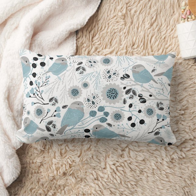 Chickadee Blue Gray Pattern Lumbar Pillow (Blanket)