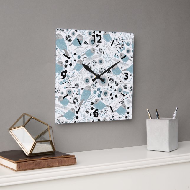 Chickadee Blue Gray Pattern Square Wall Clock (Office)
