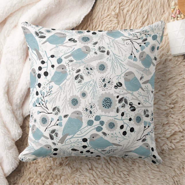 Chickadee Blue Gray Pattern Throw Pillow (Blanket)