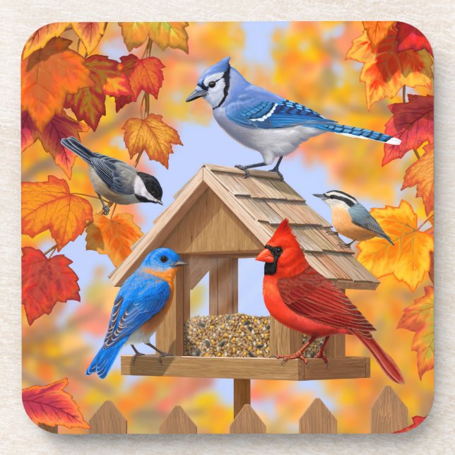 Chickadee Bluebird Cardinal Blue Jay Autumn Leaves Beverage Coaster (Front)