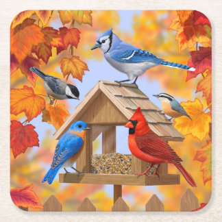 Chickadee Bluebird Cardinal Blue Jay Autumn Leaves Square Paper Coaster