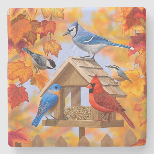 Chickadee Bluebird Cardinal Blue Jay Autumn Leaves Stone Coaster (Front)