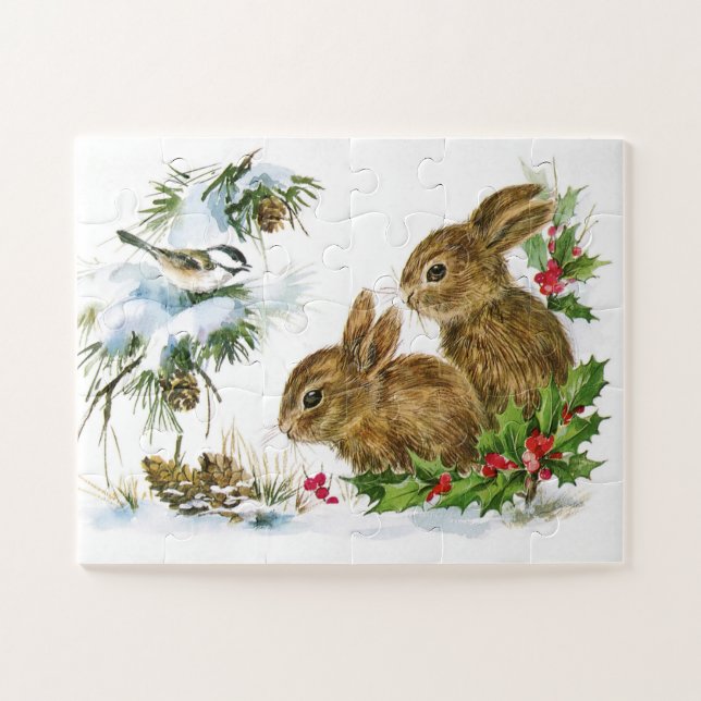 Chickadee Bunnies Holly Christmas Xmas Jigsaw Puzzle (Horizontal)