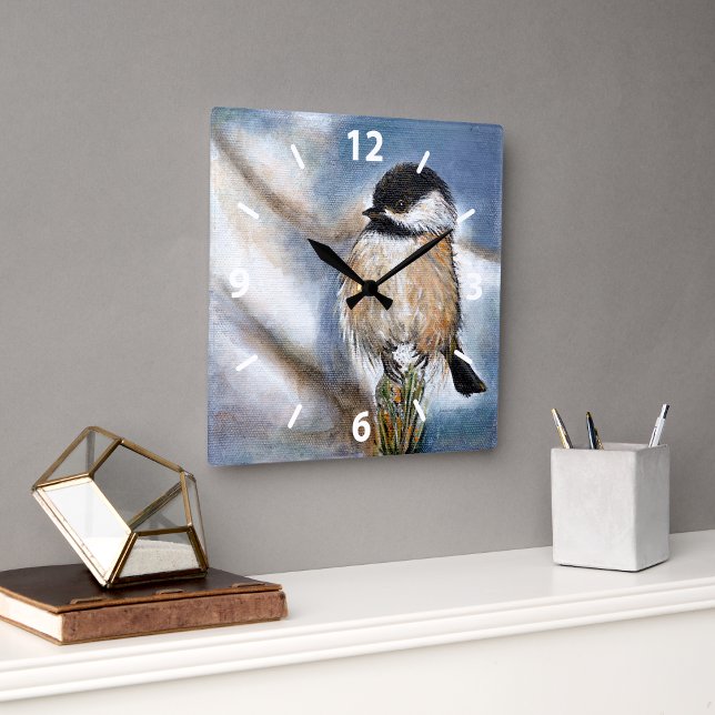Chickadee Cute Winter Painting Square Wall Clock (Chickadee Cute Winter Painting Square Wall Clock from Jenn's Emporium. )