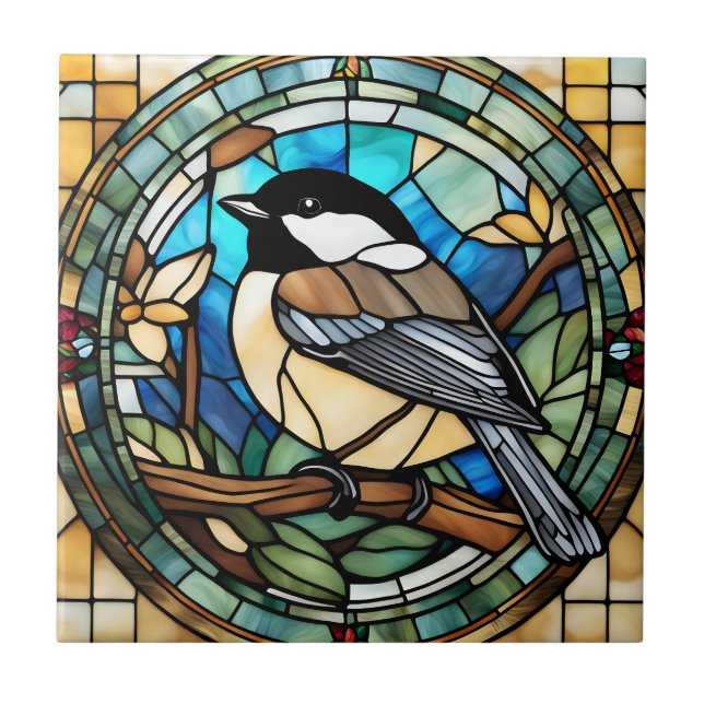 Chickadee Faux Stained Glass Great Tit Bird Ceramic Tile (Front)
