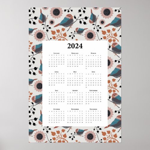 Chickadee Floral Pattern  2024 Calendar Poster