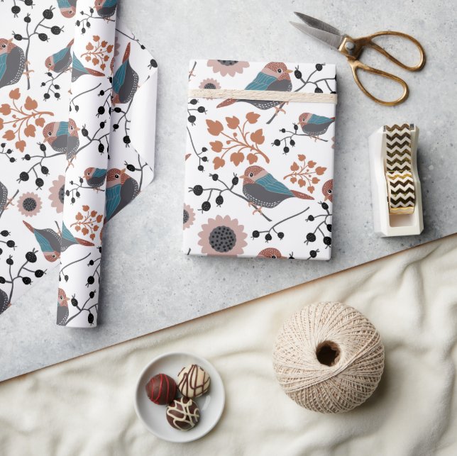 Chickadee Floral Pattern Mauve Blue Pink Wrapping Paper (Crafts)