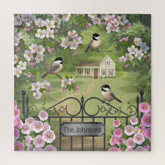 Chickadee Flowers Victorian Farmhouse Personalized Jigsaw Puzzle (Vertical)