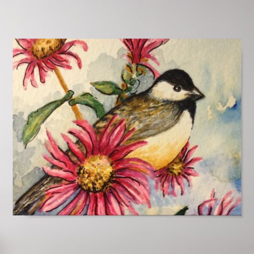 Chickadee Garden Pink Daisy Watercolor Poster